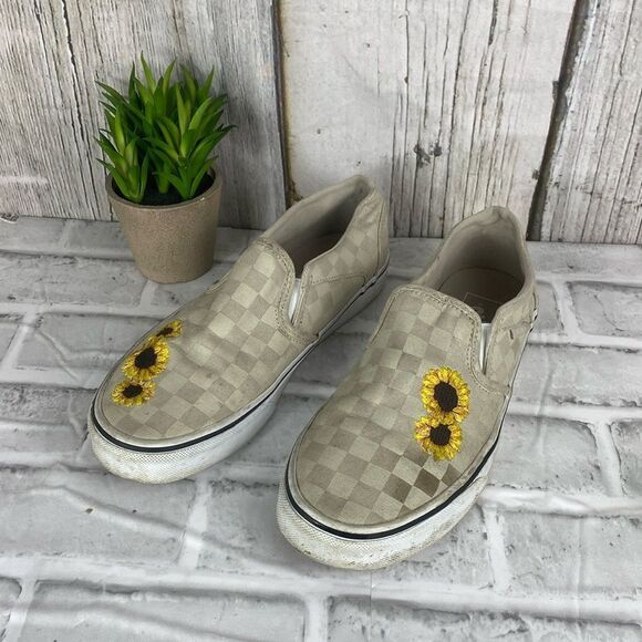 Vans Asher Checkerboard Embroidered Sunflower Slip On Size 8 - Picture 1 of 8